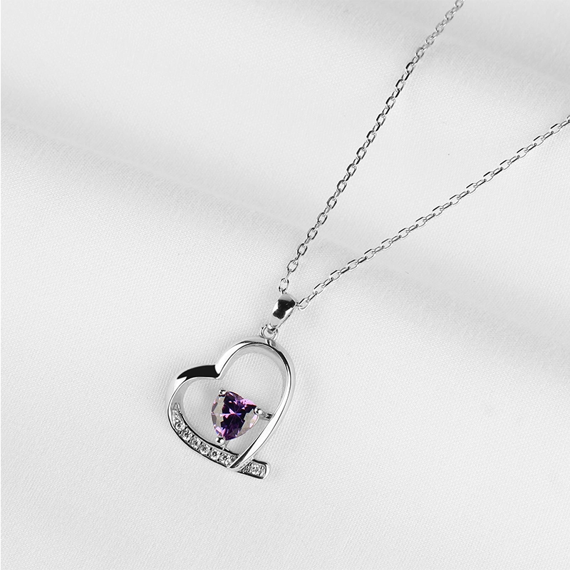 Wholesale Jewelry Charming Woman Silver Irregular Heart Pendant with Amethyst CZ for Anniversary/Birthday Gift